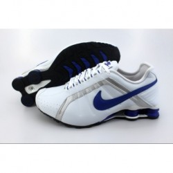 Homme Nike Shox R4 Blanc/Argent/Royal Bleu Chaussures de course
