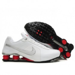 Homme Nike Shox R4 Blanc/Rouge/Argent Chaussures de course